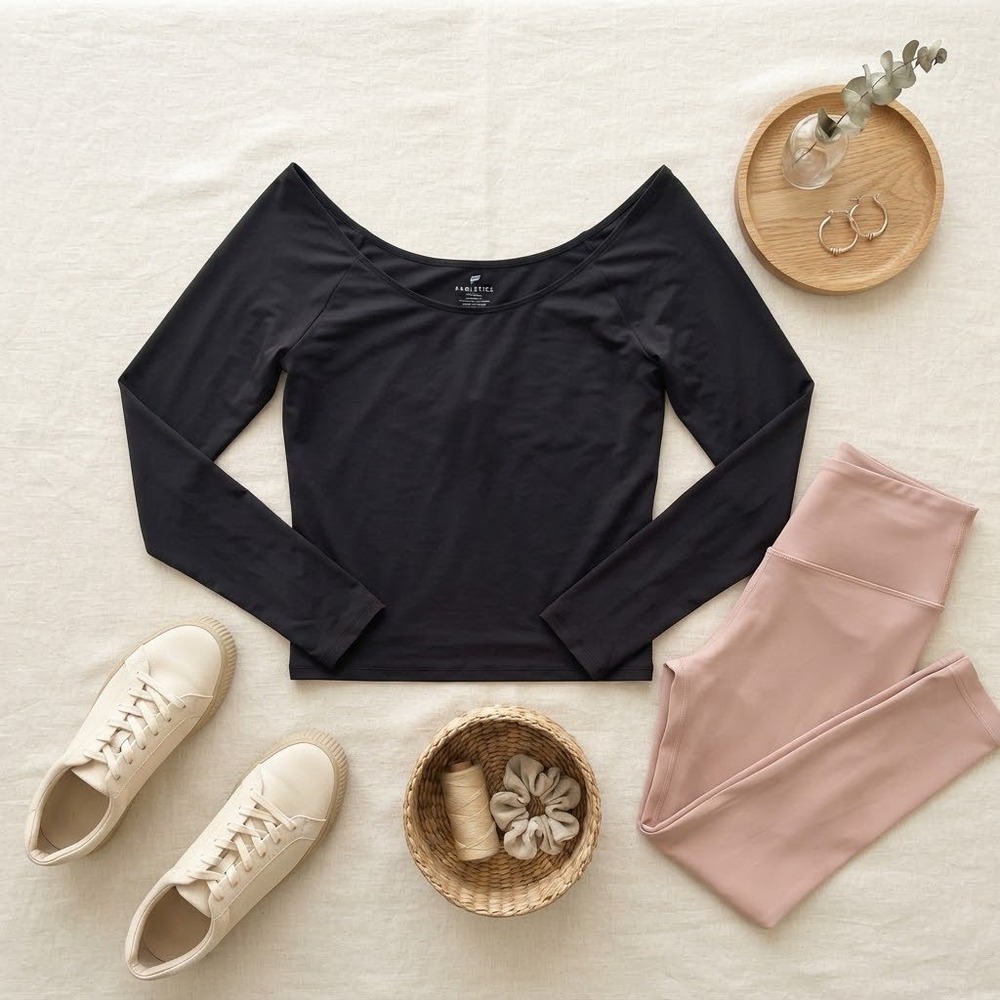 Fabletics Black Twist Back Off Shoulder Long Sleeve Top LS1815401 Large